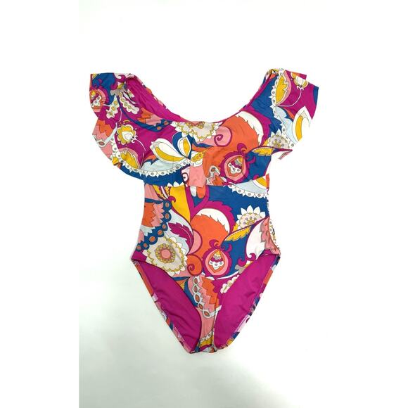Trina Turk Sevilla Off the Shoulder One Piece Swimsuit US Size 6 Multi Colored - Picture 2 of 12